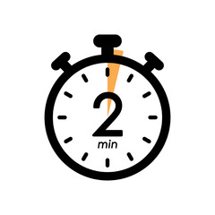 two minutes stopwatch icon, timer symbol, cooking time, cosmetic or chemical application time, 2 min