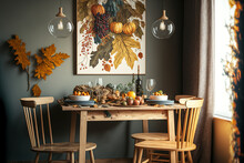 Dining Area With Wooden Chairs And A Table. Holiday Meal With The Family. Furniture Within The Kitchen. Composition Dry Decorating Plant On The Wall In The Living Room. Cozy Room With Fall Themed