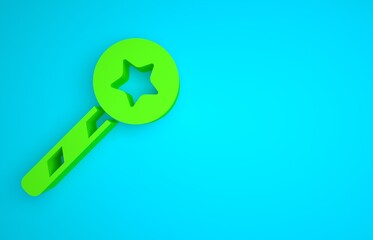 Wall Mural - Green Magic wand icon isolated on blue background. Star shape magic accessory. Magical power. Minimalism concept. 3D render illustration