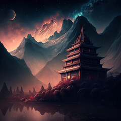 a chinese temple where they figt and the sky is galaxy and two mountains