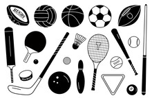 Sport Silhouette Balls And Equipment Set. Vector Collection In A Simple Style