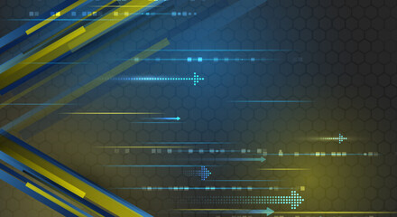 Wall Mural - Futuristic yellow-blue stripes with arrows. Modern high-tech background for presentations and websites. Digital internet communication. Abstract background with glowing dynamic lines.