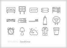 Set Of Bedtime Line Icons For Getting Ready To Go To Sleep At Night