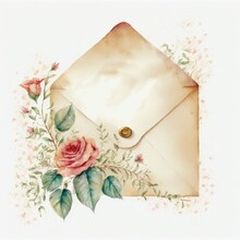 Watercolor Love Letter, Valentin's Day, Vintage, On A Plain Background, AI Assisted Finalized In Photoshop By Me 