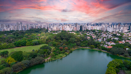 Aerial view of Ibirapuera Park in São Paulo, SP. Residential buildings around. Lake in Ibirapuera Park