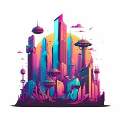 Sticker - Cyberpunk city isolated on white background 