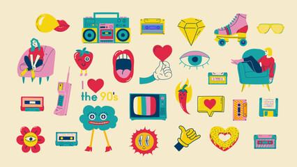 Wall Mural - Fashion patch badges with lips, hearts, speech bubbles, audio cassette and other elements. Vector illustration set of stickers, pins, patches in cartoon 80s-90s style.
