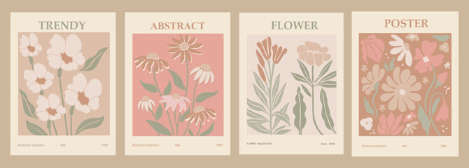 Wall Mural - Set of abstract flower posters. Trendy botanical wall arts with floral design in danish pastel colors. Modern naive groovy funky interior decorations, paintings. Vector art illustrations