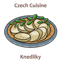 Wall Mural - Knedliky. It is cooked dish, served on the side of many traditional dishes. Most common types are bread and potato dumplings. Czech food. Vector image isolated.