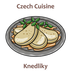 Wall Mural - Knedliky. It is cooked dish, served on the side of many traditional dishes. Most common types are bread and potato dumplings. Czech food. Vector image isolated.