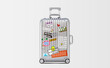 Travel bag vacation luggage with style stickers background concept.