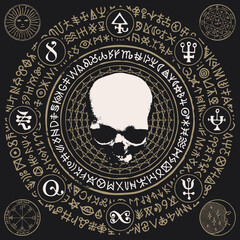 Canvas Print - Vector illustration with people skull, pentagram, occult and witchcraft signs. The symbol of Satanism Baphomet and magic runes written in a circle.