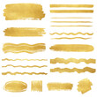 Golden foil artistic brush strokes set, brushstroke shapes, smears, stripes, lines collection. Hand drawn textured text backgrounds, gold painted design elements. Frame, banner, border templates.