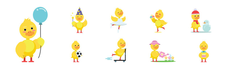 Wall Mural - Cute Little Duckling with Yellow Feathers Engaged in Different Activity Vector Set