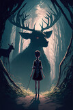 Fototapeta Do akwarium - fawn girl, dark fantasy forest, magic, fairy tale, art illustration