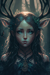 fawn girl, dark fantasy forest, magic, fairy tale, art illustration