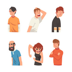 Sticker - Funny emotional people set. Frightened, angry, furious, sceptic, bored men and woman cartoon vector illustration