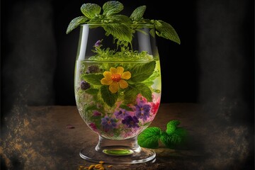 Poster -  a glass vase filled with water and flowers on a table next to a green leafy plant and a green leafy plant in the middle of the vase, with a few flowers on the.