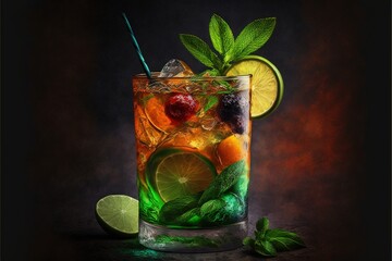 Poster -  a glass of ice tea with lime, lime, and cherries on a dark background with a slice of lime and a mint on the side of the glass with a lime and a.