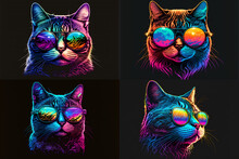 Synthwave Style Cute Cat With Sunglasses, Dark Black Background, Colorful Portrait, Digital Illustration Generative Ai Art Style
