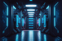 Sci Fi Futuristic Spaceship Warehouse Alien Tunnel, Neon Light, Generative Ai