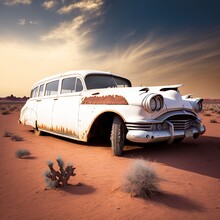 Abandonned Rusted Car In Desert By A Sunny Day