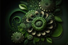  A Green Abstract Painting With Flowers And Leaves On A Black Background With A Green Swirl Around It And A Green Spiral Around The Center Of The Flower Area With A Green Stem And A Few.