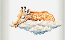  A Giraffe Laying On A Cloud With Its Head Above The Clouds With Its Eyes Closed And Tongue Out, With Its Head Resting On The Top Of The Clouds, With Its Head,.