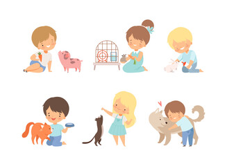 Sticker - Cute little boys and girls caring of animals set. Kids feeding and hugging piglet, rat, rabbit, kitten and puppy cartoon vector illustration