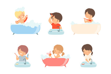 Sticker - Child morning bathroom routine. Cute kids taking bath, combing hair and brushing teeth cartoon vector illustration