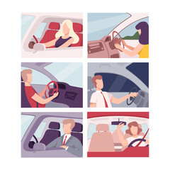 Poster - People inside car set. Male and female drivers characters driving car flat vector illustration