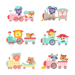 Sticker - Cute animals riding train set. Little monkey, cat, lion, squirrel, panda, duckling, tiger on toy locomotive cartoon vector illustration