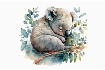 Poster -  a koala is sleeping on a branch with leaves around it and a white background with a blue border around it and a white background with a blue border with leaves and a white border. Generated AI