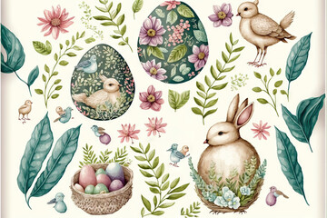  a watercolor painting of easter eggs and rabbits with flowers and leaves around them, with a bird and a bird on the egg, and a bird on the other side of the egg. Generative AI 