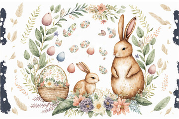  a watercolor painting of two rabbits and a basket with eggs in it and the words, happy easter written in gold lettering on a white background with floral border and leaves and eggs in. Generative AI