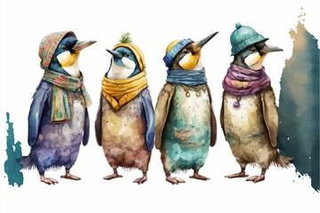 Canvas Print -  three penguins wearing scarves and hats are standing in a row with one penguin wearing a scarf and the other penguin wearing a hat and scarf with a scarf on his headband, and. Generative AI 