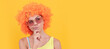 © Olena - thinking kid in curly clown wig. having fun. thoughtful child wear sunglasses and swimsuit. Funny teenager child on party, poster banner header with copy space.