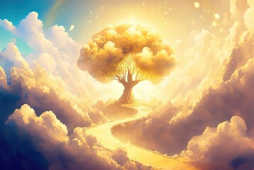 Wall Mural - ingot golden way path to golden tree symbol of prosperity healthy and happiness, generative ai