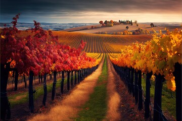 Canvas Print -  a vineyard with a path leading to it and a hill in the background with trees in the foreground and a cloudy sky in the background with a few clouds in the distance, with. Generative AI 