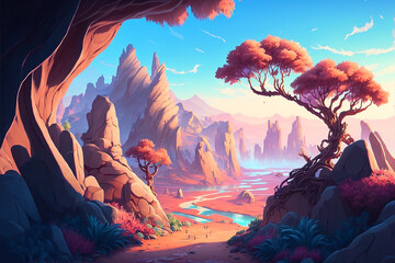 Fantasy landscape background illustration. A path into a canyon with strange mountain in the horizon. Background concept art for game design.