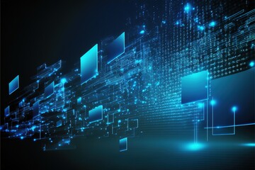 Technology background with abstract digital code motion cyberspace. Abstract high-tech blue neon background for communication concept with digital flow in a cyber space matrix. AI