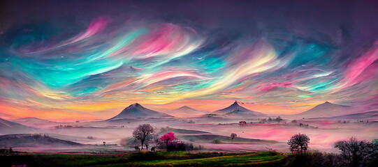 Wall Mural - ai midjourney generated illustration of an abstract fantasy landscape with hills and a soft sunset sky