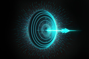 The concept of a target with a glowing hologram of the target and an arrow hitting the center, neon. AI