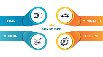 Wall Mural - car parts outline icons with infographic template. thin line icons such as car fog lamp, car taiate, hard top, parking light vector.