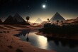 Scene of the Egyptian desert at night, complete with a river and pyramids. Generative AI