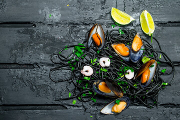 Sticker - Mediterranean food. Spaghetti with cuttlefish ink and clams.