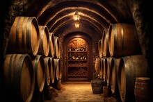  A Tunnel With Barrels And A Light Hanging From The Ceiling And A Light Fixture Above It That Is Lit Up Above The Barrels Are Wine Bottles And Wine Glasses On The Shelves In The Bottom. Generative AI 