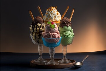 Sticker -  a group of ice creams sitting in a bowl on a table with a spoon next to it and a spoon on the side of the bowl with the ice cream in it and a dark background. Generative AI 