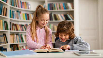 Happy caucasian primary school children reading book together in school library, sitting at table and smiling, panorama