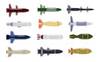 © MVshop - Set of dangerous missiles in cartoon style. Vector illustration of military strategic weapons such as air-to-air, air defense, bombs, ballistic and cruise missiles on white background.